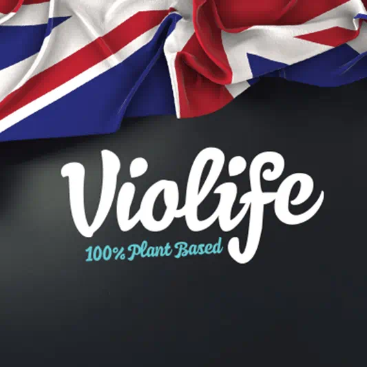 UK flag and Violife logo 100% plant based