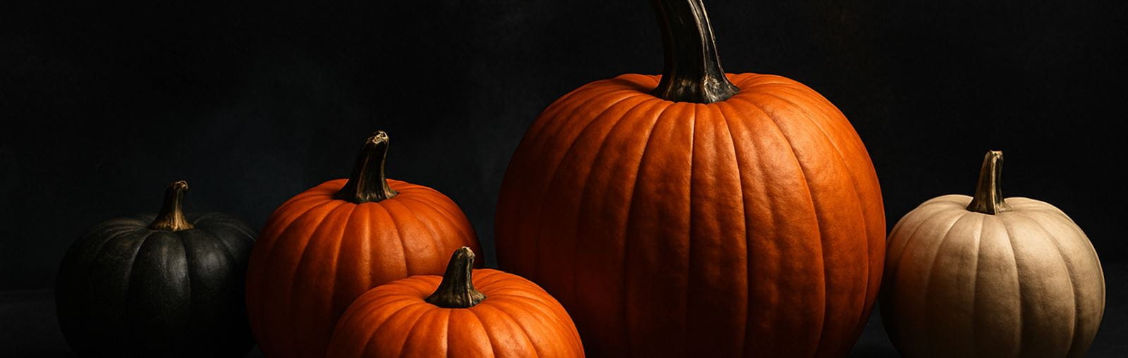 A group of pumpkins in various sizes and colors, orange, black and pale beige, arranged against a dark background.