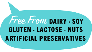 A turquoise speech‑bubble graphic containing the message “Free from dairy, soy, gluten, lactose, nuts, and artificial preservatives".