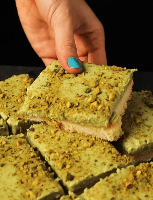 Pistachio cream bars made with Violife Supreme Cream Cheese