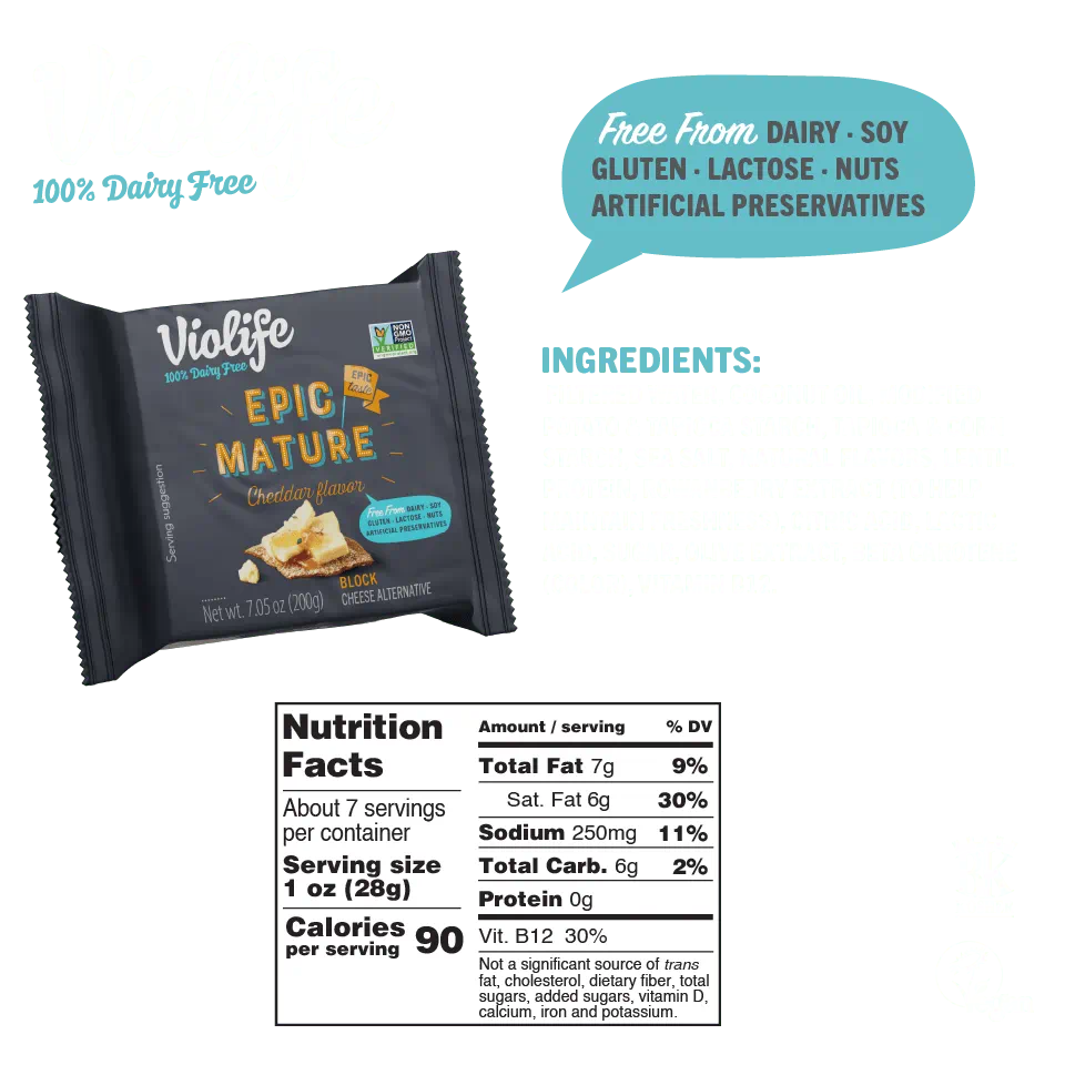 Pack of Epic Mature Cheddar Flavor Block, 100% dairy free, free from major allergens, no artificial preservatives.