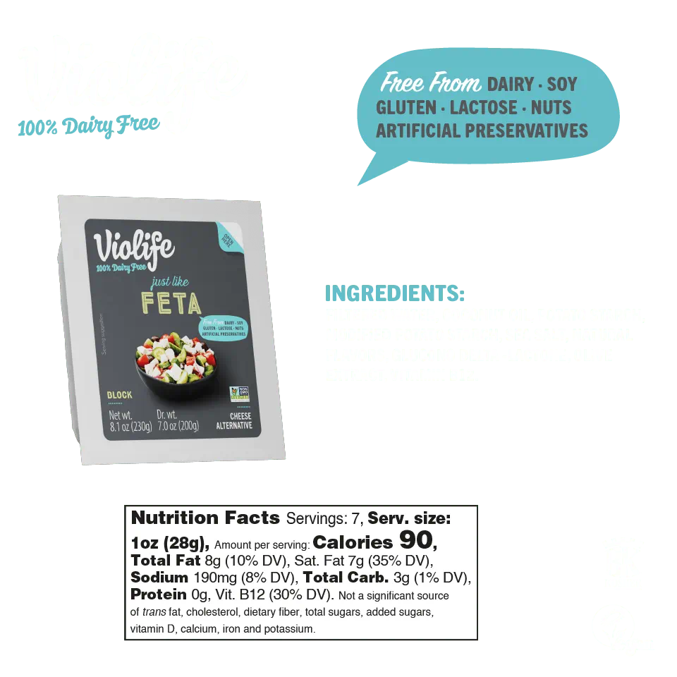 Violife Just Like Feta block, 100% dairy free, tangy and savory flavor, ideal for salads and wraps.