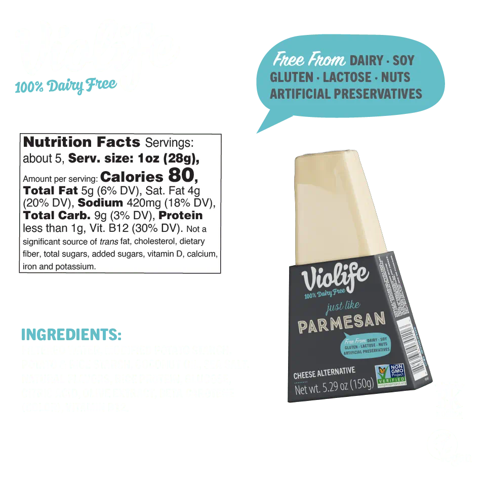 Just Like Parmesan Wedge, image shows ingredients and nutritional facts such as calories, fat and sodium content.