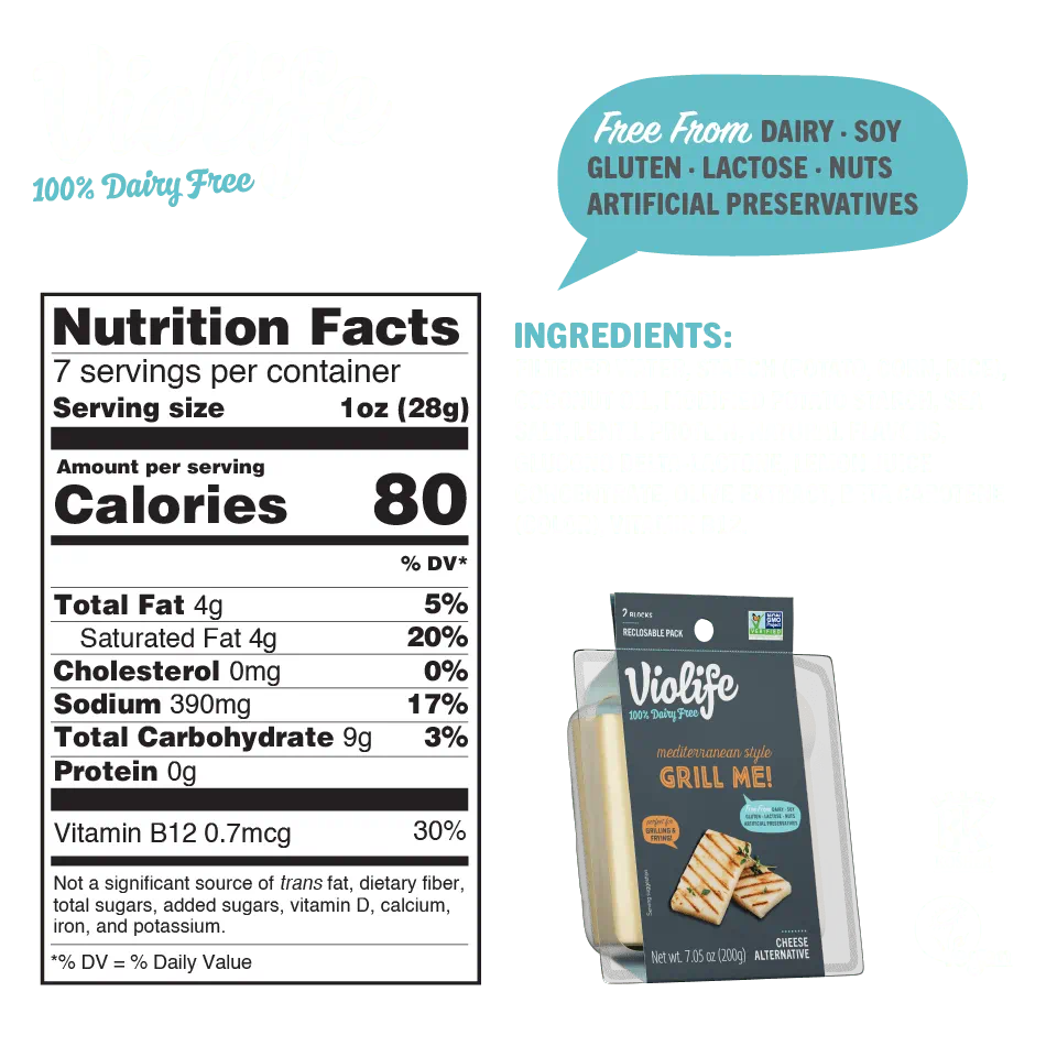 Mediterranean Style Grill Me pack, image shows ingredients and nutritional facts such as calories, fat and sodium content.