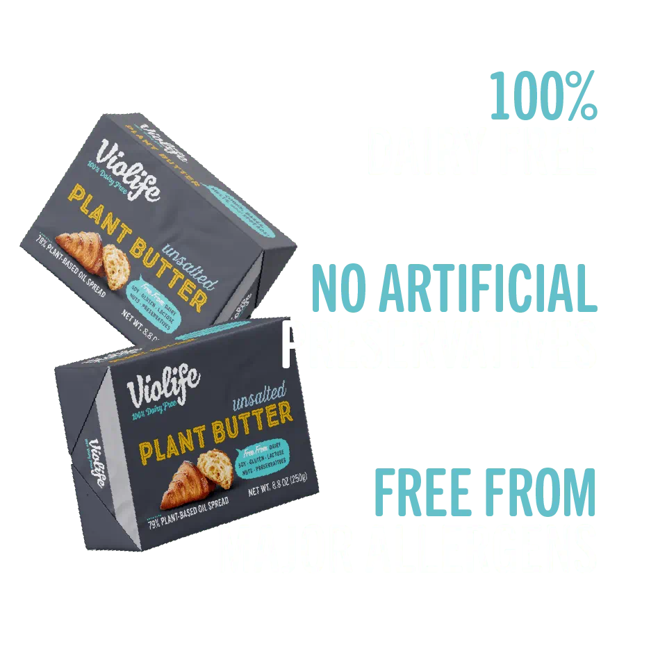 Violife Unsalted Plant Butter, 100% dairy free, free from major allergens, no artificial preservatives.