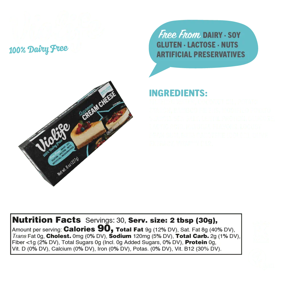 Violife Supreme Cream Cheese Block, image shows ingredients and nutritional facts such as calories, fat, and sodium content.