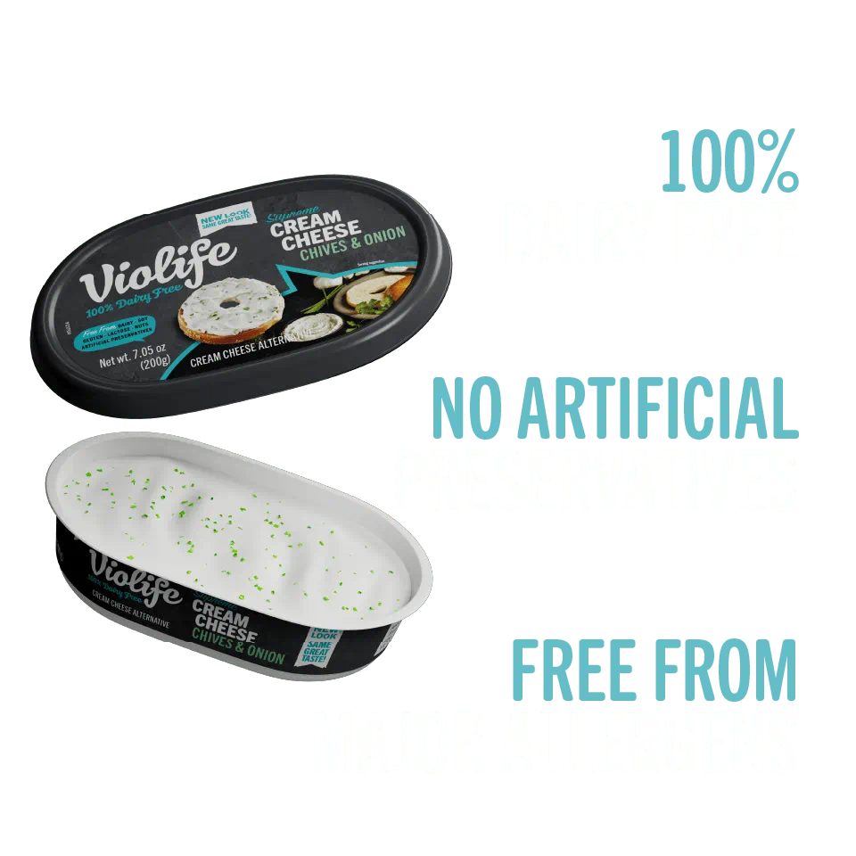 Violife Supreme Cream Cheese Chives and Onion, 100% dairy-free, free from major allergens, no artificial preservatives.