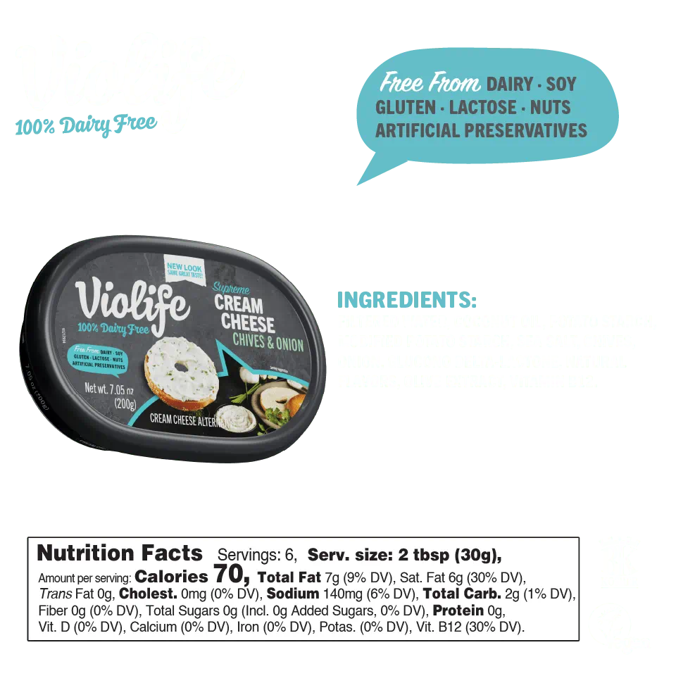 Violife Supreme Cream Cheese Chives and Onion, image shows ingredients and nutritional facts such as calories, fat, and sodium content.