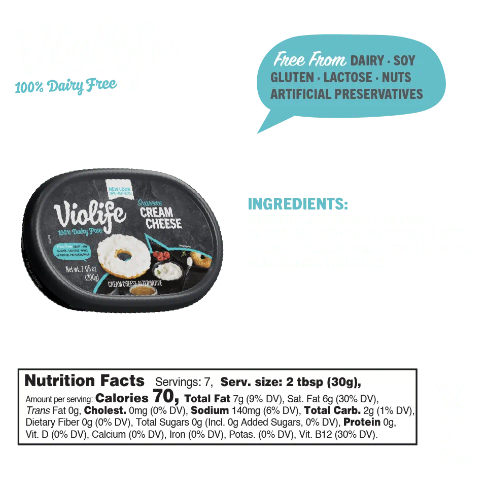 Violife Supreme Cream Cheese, image shows ingredients and nutritional facts such as calories, fat, and sodium content.