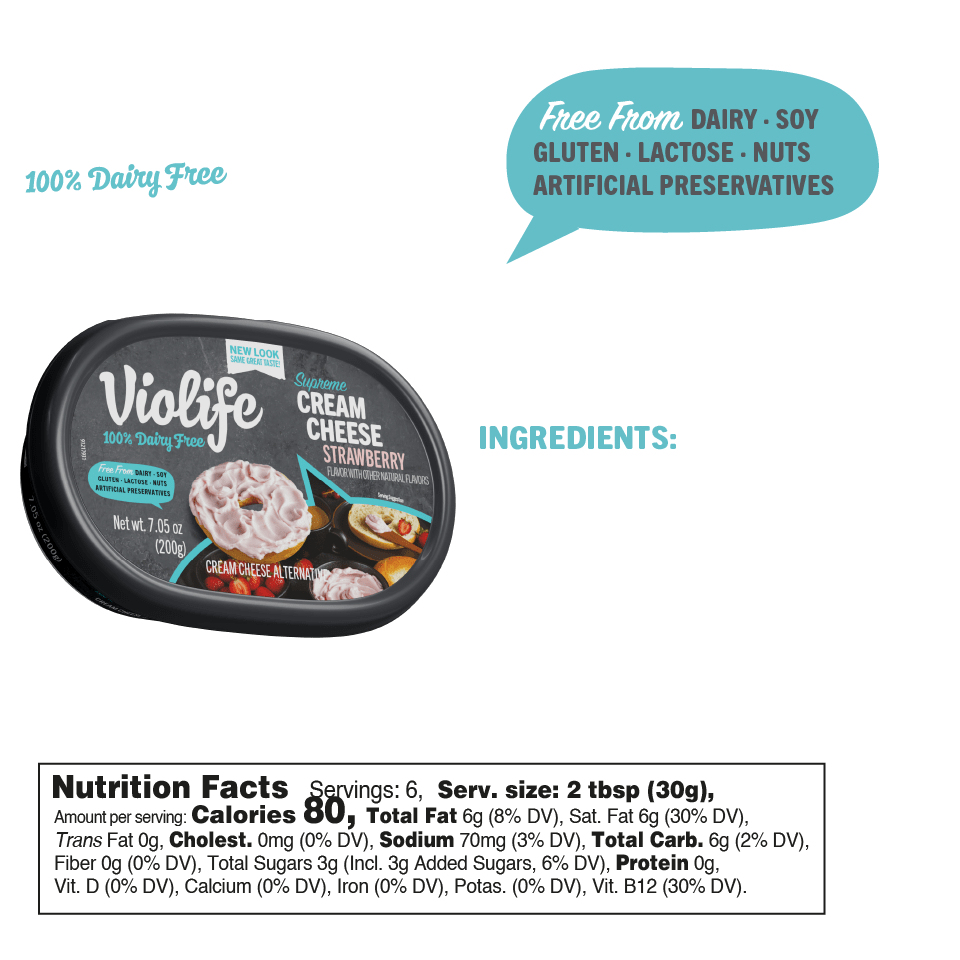 Violife Supreme Cream Cheese Strawberry, image shows ingredients and nutritional facts such as calories, fat, and sodium content.