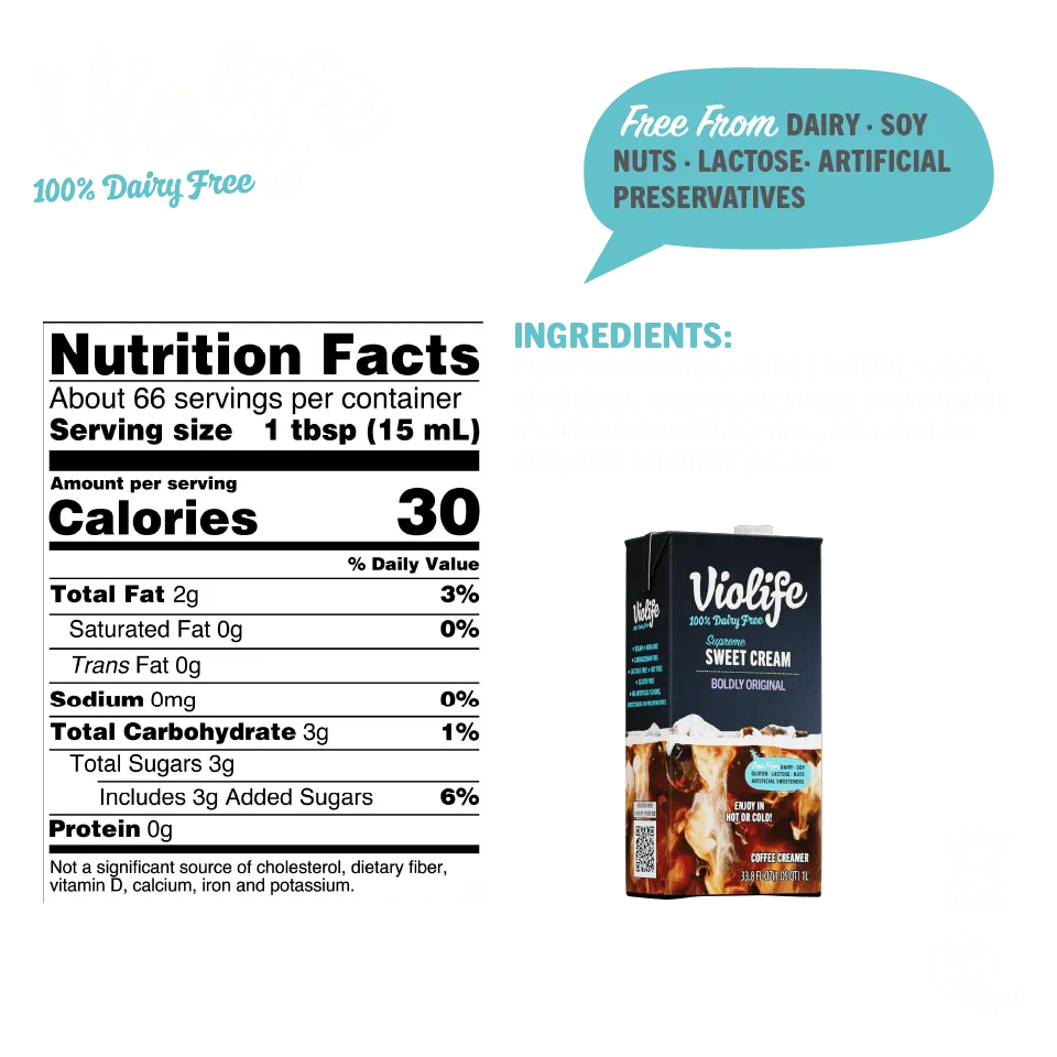 Violife Supreme Sweet Cream Boldly Original, image shows ingredients and nutritional facts such as calories, fat, and sodium content.