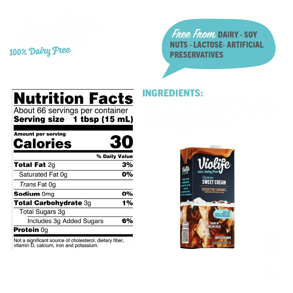 Violife Supreme Sweet Cream Seductive Caramel, image shows ingredients and nutritional facts such as calories, fat, and sodium content.