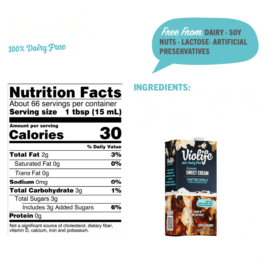 Violife Supreme Sweet Cream tempting Vanilla, image shows ingredients and nutritional facts such as calories, fat, and sodium content.