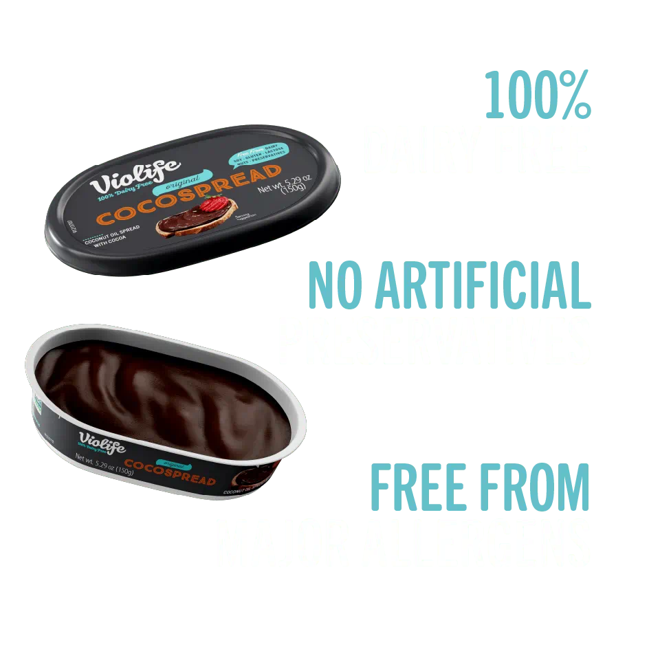 Violife Cocospread, 100% dairy free, no artificial preservatives, free from major allergens.