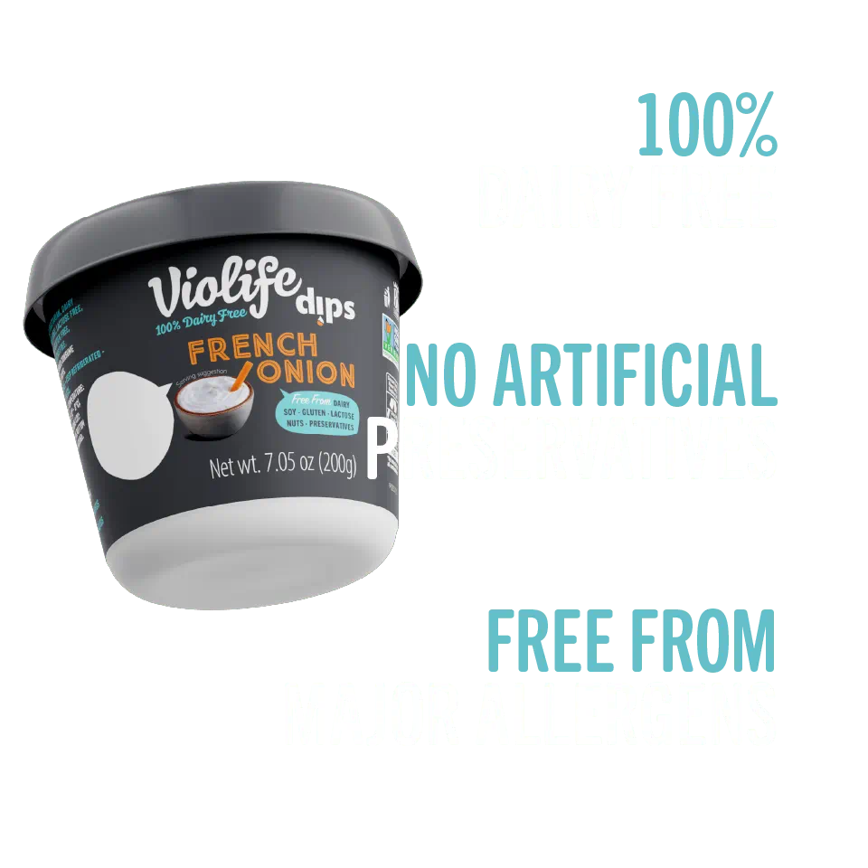 VIolife French Onion dip, 100% dairy free, no artificial preservatives, free from major allergens.