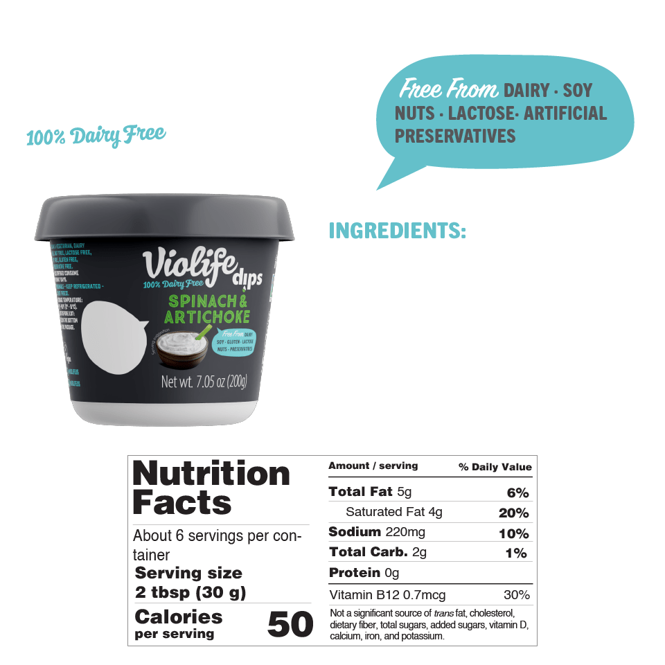 Violife Spinach and Artichoke dip, image shows ingredients and nutritional facts such as calories, fat, and sodium content.