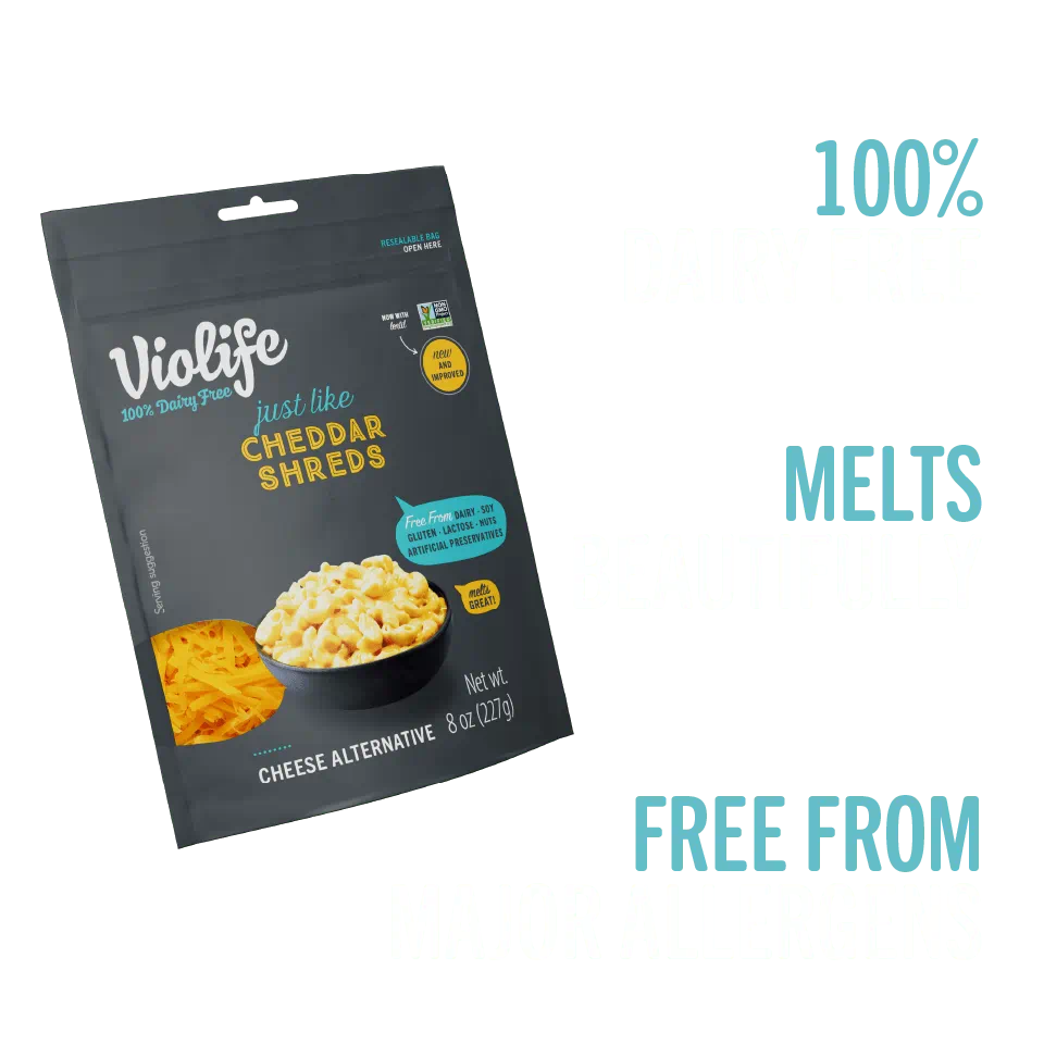 Just Like Cheddar Shreds, Violife 100% dairy free, free from major allergens, no artificial preservatives.