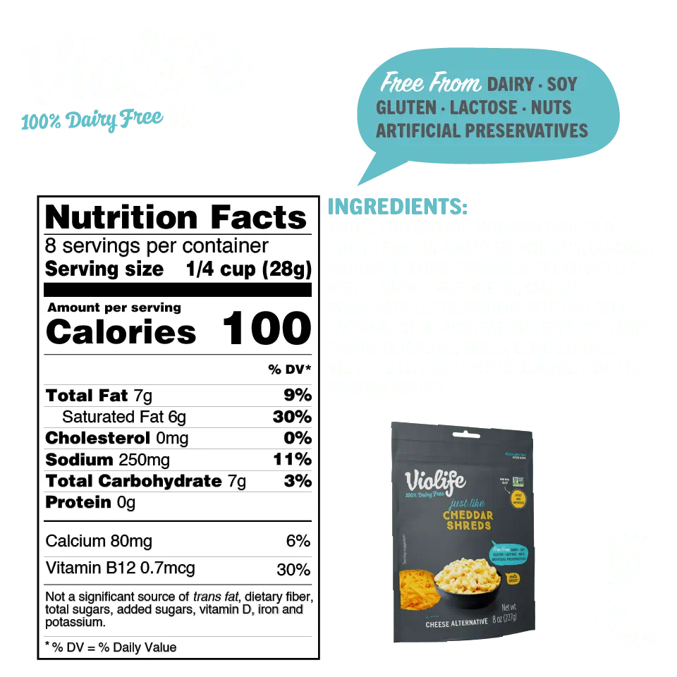 Violife Just Like Cheddar Shreds, image shows ingredients and nutritional facts such as calories, fat and sodium content.