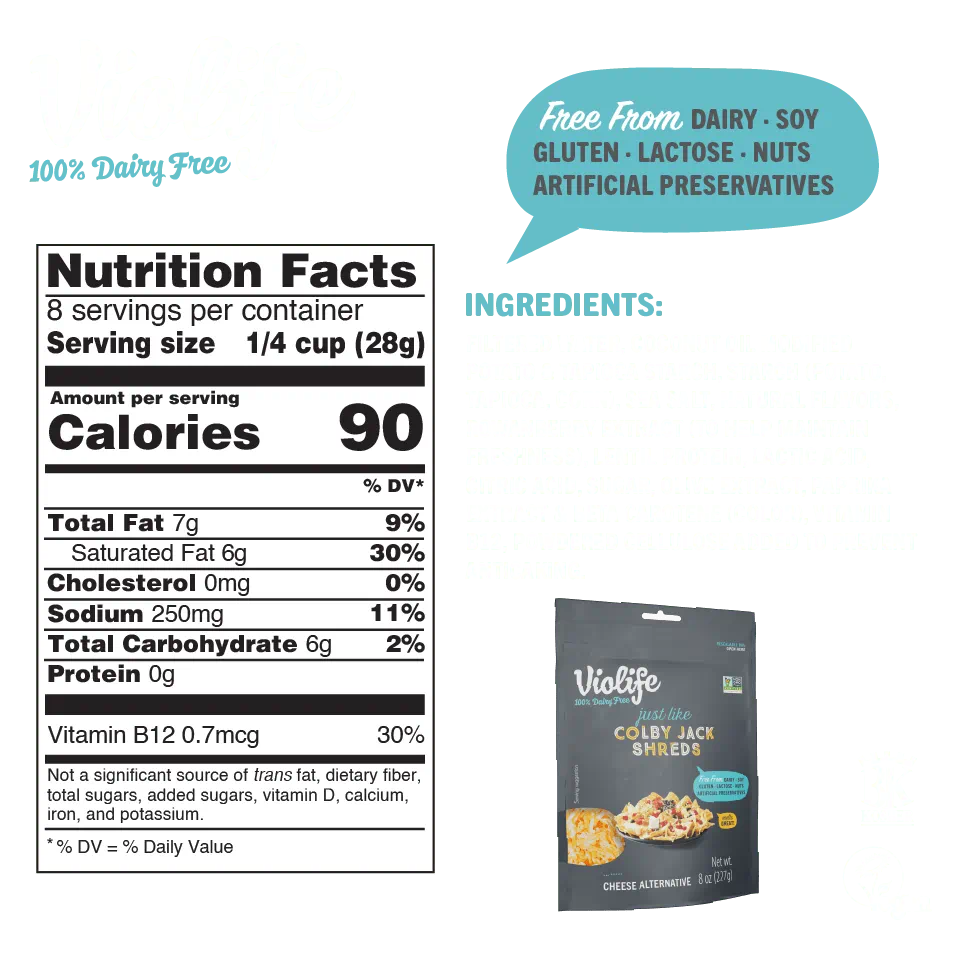 Violife Just Like Colby Jack Shreds, image shows ingredients and nutritional facts such as calories, fat and sodium content.