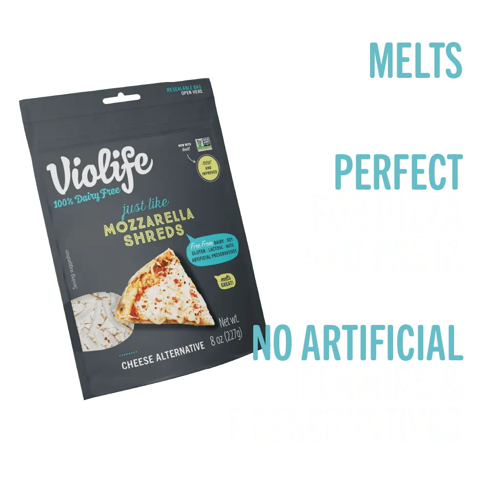 Violife Just Like Mozzarella Shreds, melts, perfect for pizza and pasta, no artificial flavors and preservatives.