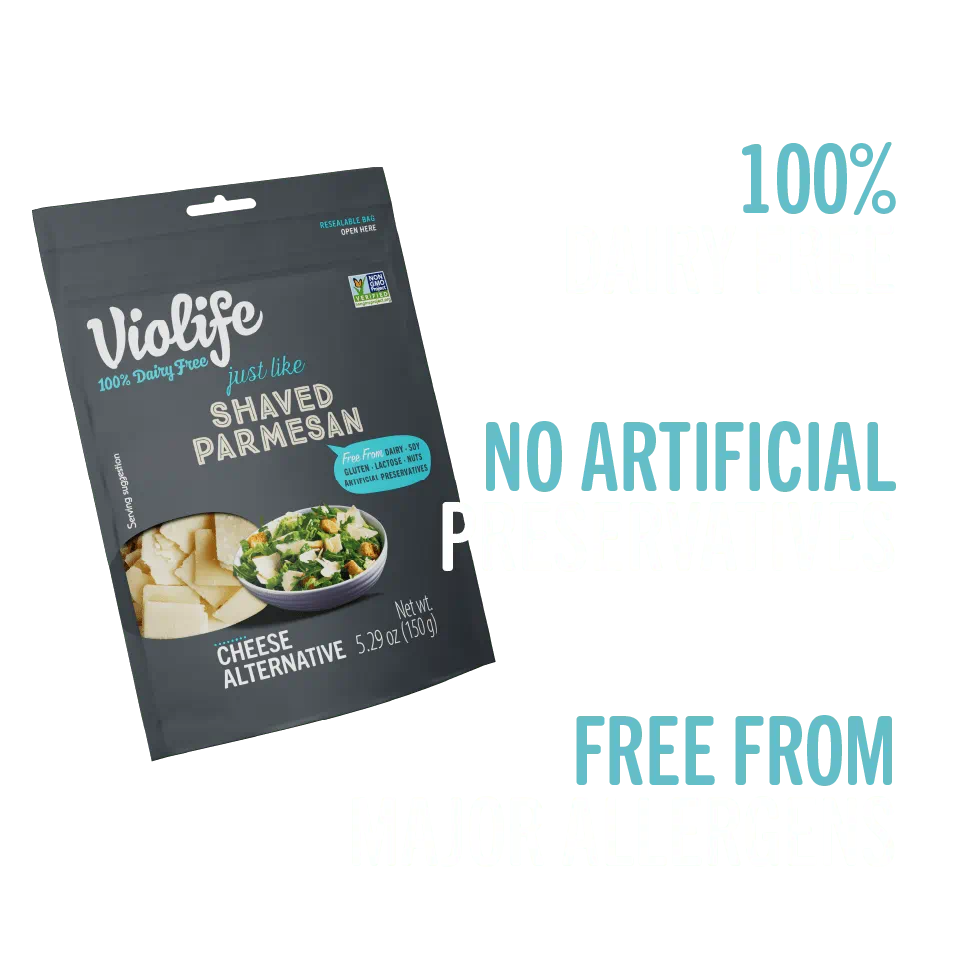 Violife Just Like Shaved Parmesan, 100% dairy free, free from major allergens, no artificial preservatives.