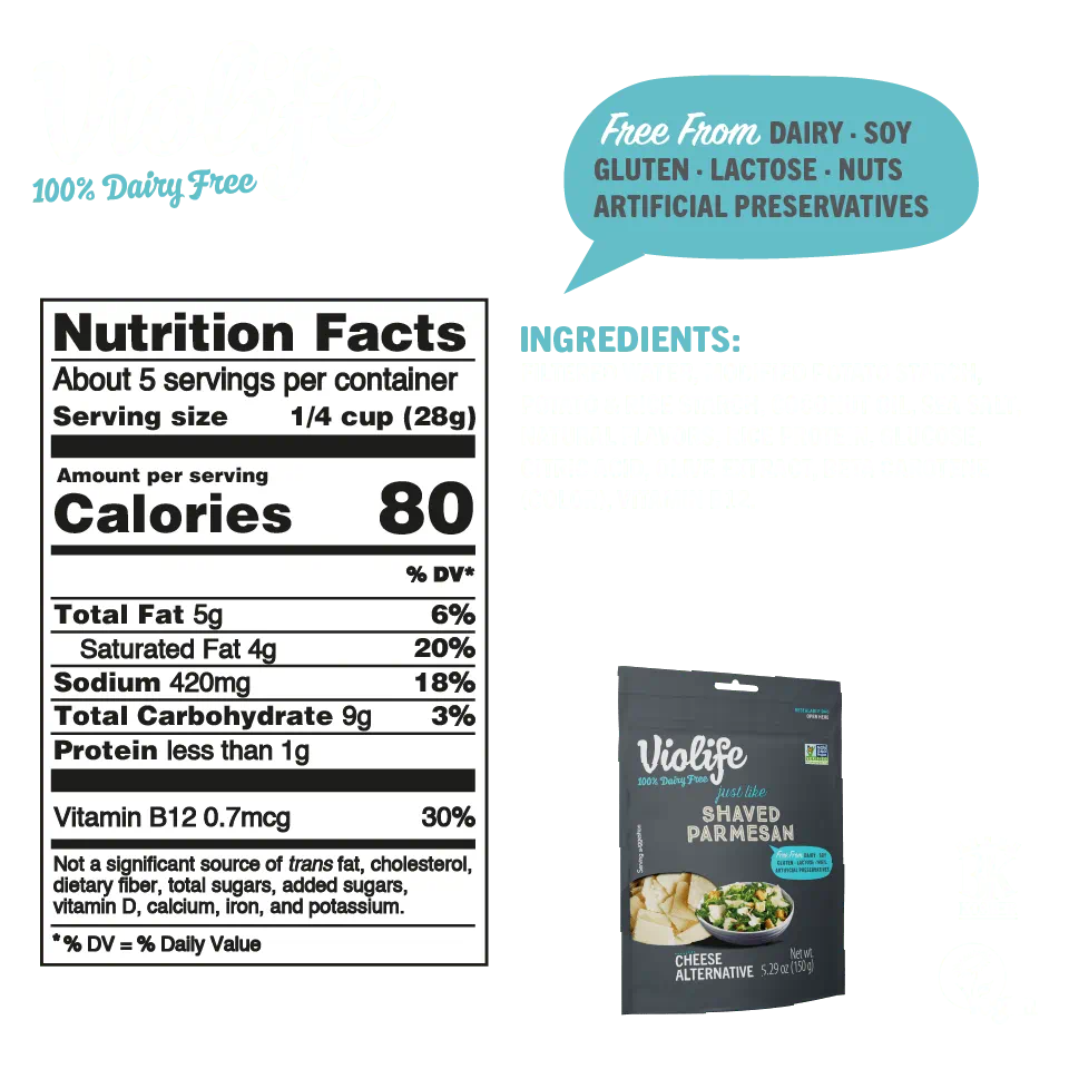 Violife Just Like Shaved Parmesan, image shows ingredients and nutritional facts such as calories, fat and sodium content.