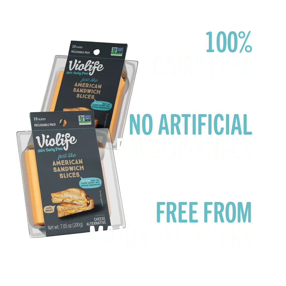 Violife Just Like American Sandwich Slices, 100% dairy free, no artificial preservatives, free from major allergens.
