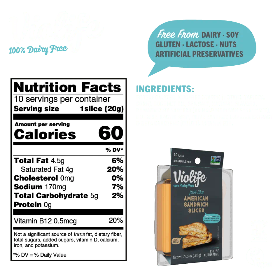 Violife Just Like American Sandwich Slices image shows ingredients and nutritional facts such as calories, fat and sodium content.