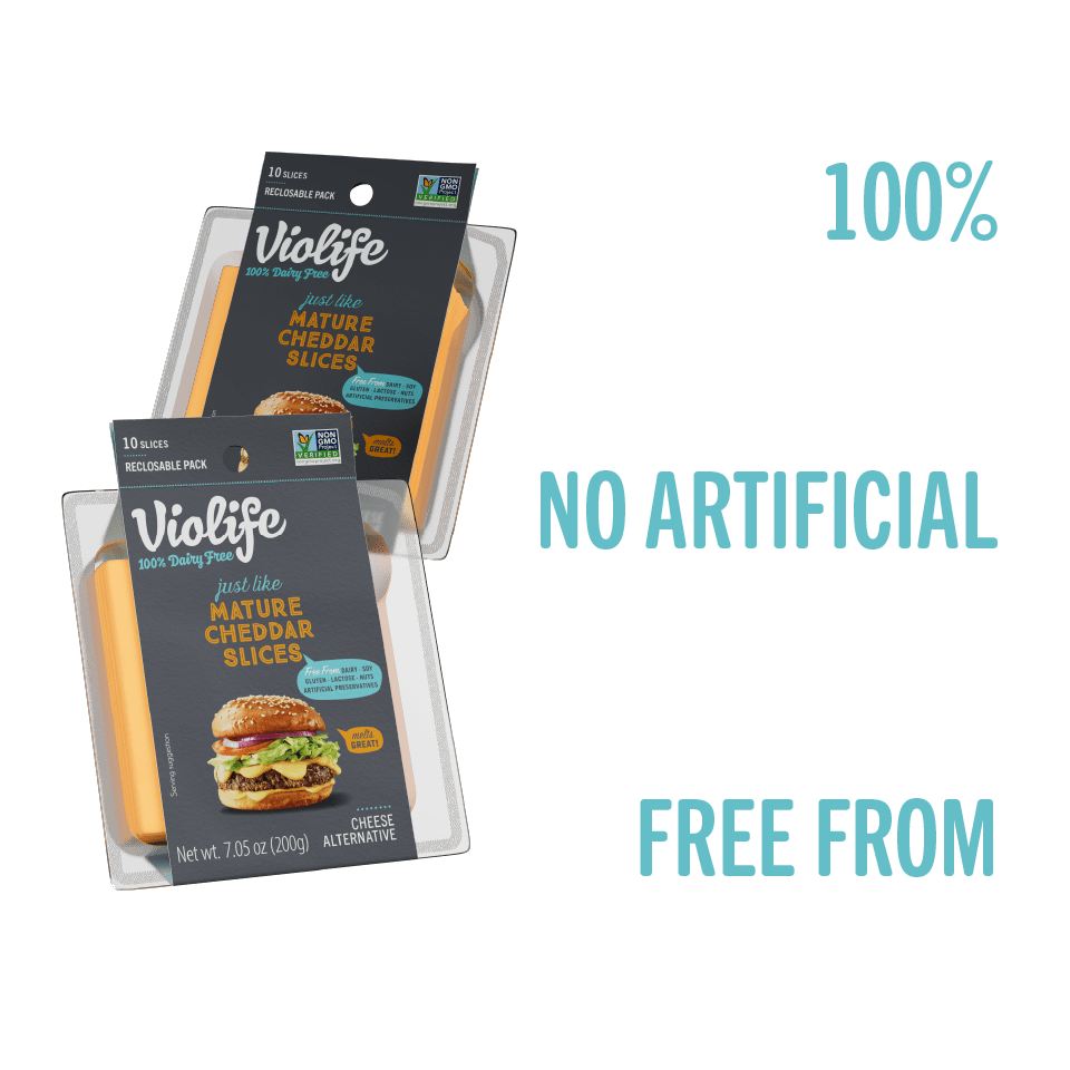 Violife Just Like Mature Cheddar Slices, 100% dairy free, no artificial preservatives, free from major allergens.
