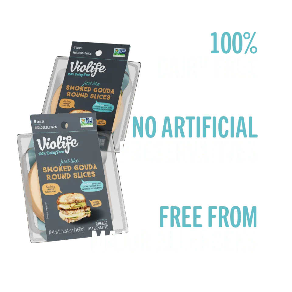 Violife Just Like Smoked Gouda Slices, 100% dairy free, no artificial preservatives, free from major allergens.