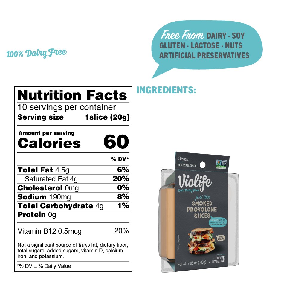 Violife Just Like Smoked Provolone Slices, image shows ingredients and nutritional facts such as calories, fat and sodium content.