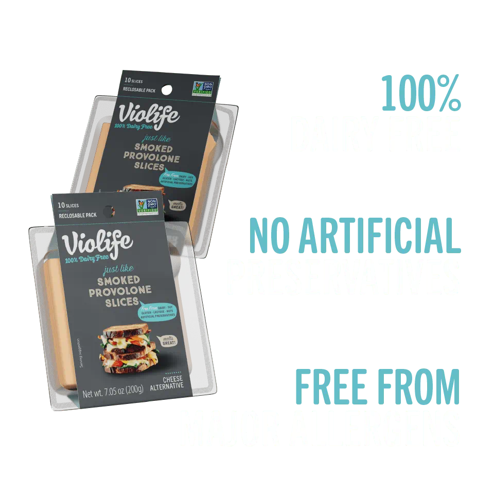 Violife Just Like Smoked Provolone Slices, 100% dairy free, no artificial preservatives, free from major allergens.