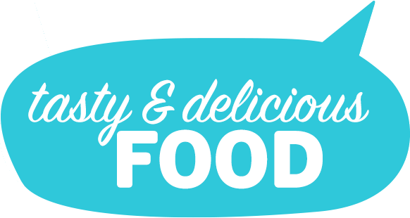 A turquoise speech‑bubble graphic containing the message “tasty and delicious food".