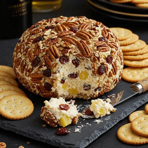 Festive holiday cheeseball coated in pecans and dried cranberries, served on a slate board with crackers and a spreader holding a creamy portion.