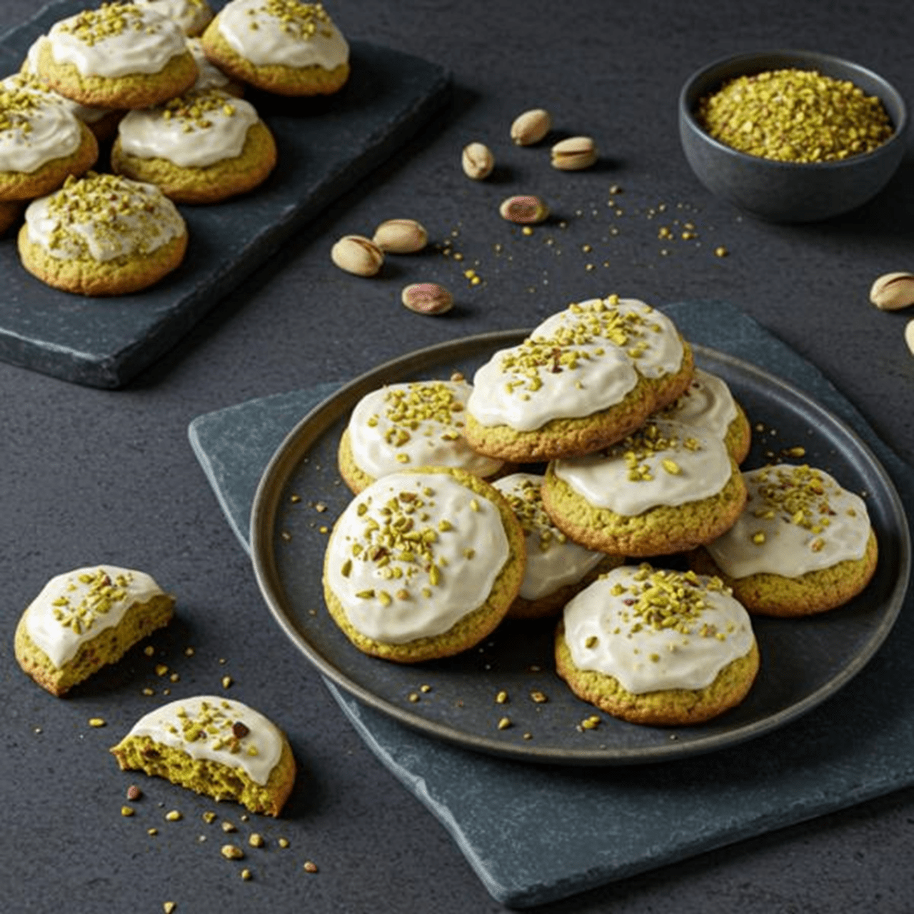 Pistachio snickerdoodle cookies made with Violife plant butter, pistachio nut butter, chopped pistachios, rolled into cinnamon sugar mix.