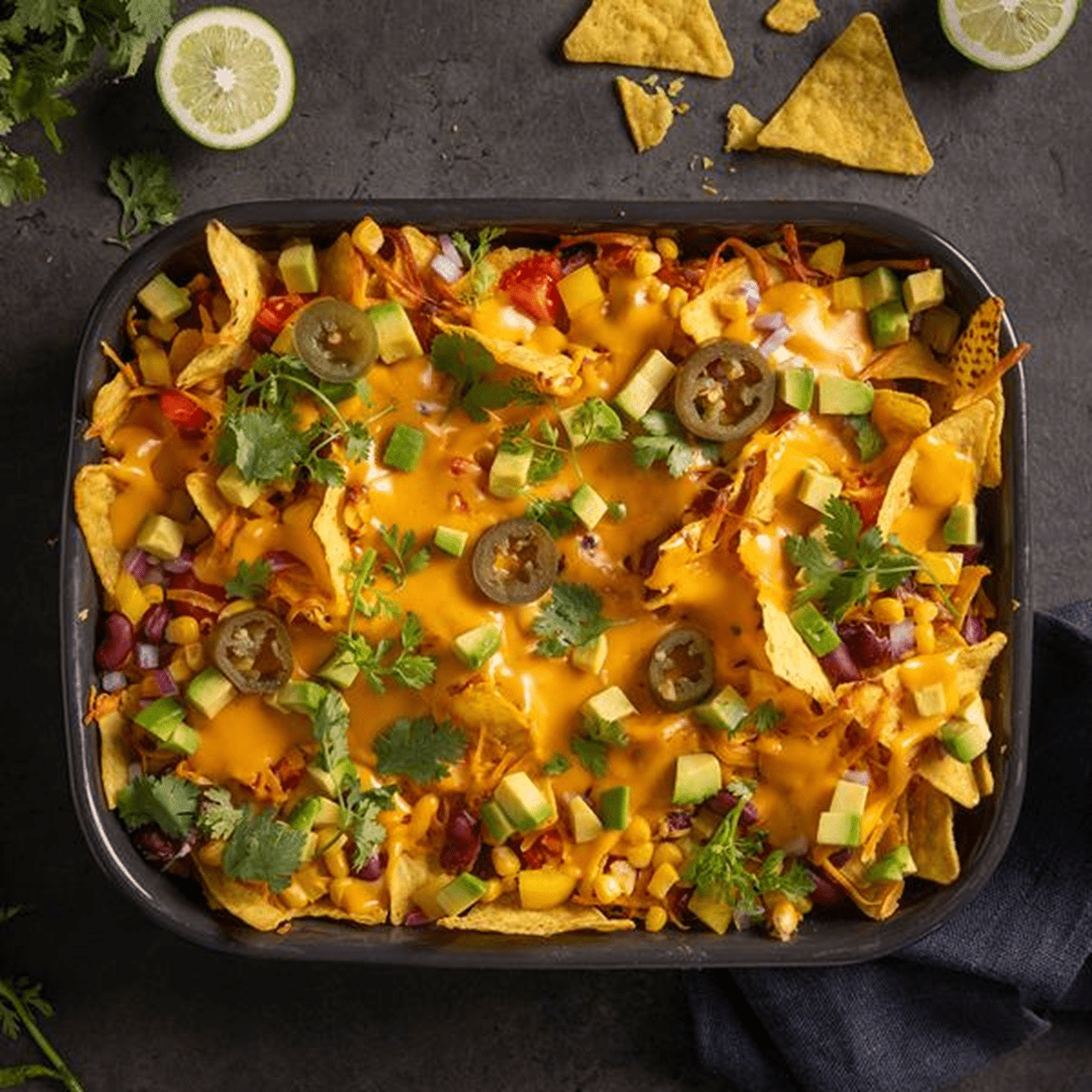 Tray of baked nachos topped with melted dairy free cheese, jalapeño slices, diced avocado, red onion, corn, beans, cilantro and lime halves on a dark surface.